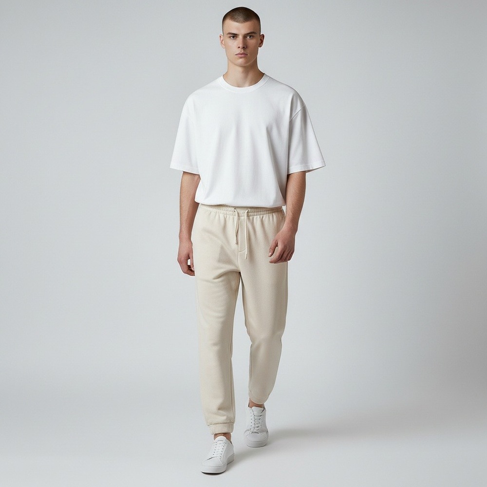 Zara Textured Knit Joggers Large Cream Elastic Drawstring Cuffed Pants